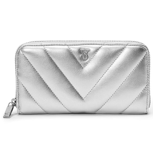 Victoria's Secret Handbags - VICTORIA'S SECRET Silver Large Signature Full Length Zip Around Wallet**NEW!